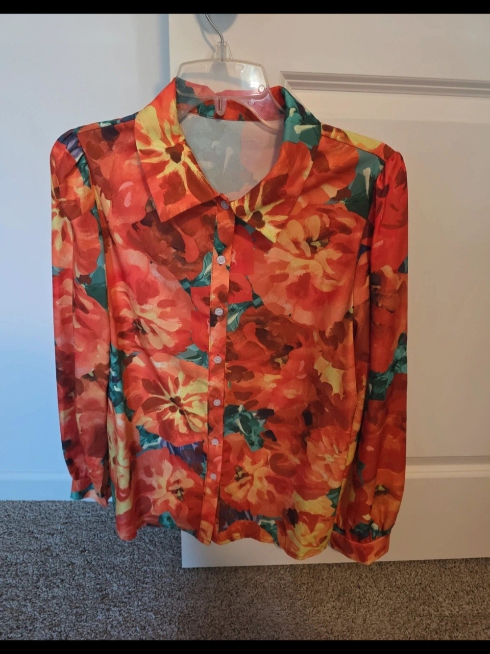Women's Orange Floral Button-Down Blouse